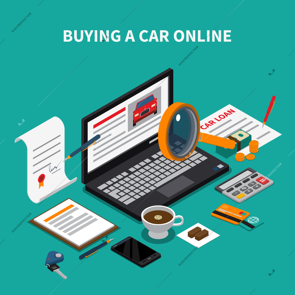 Car dealership isometric composition with text and desktop elements papers and laptop with online automobile store vector illustration