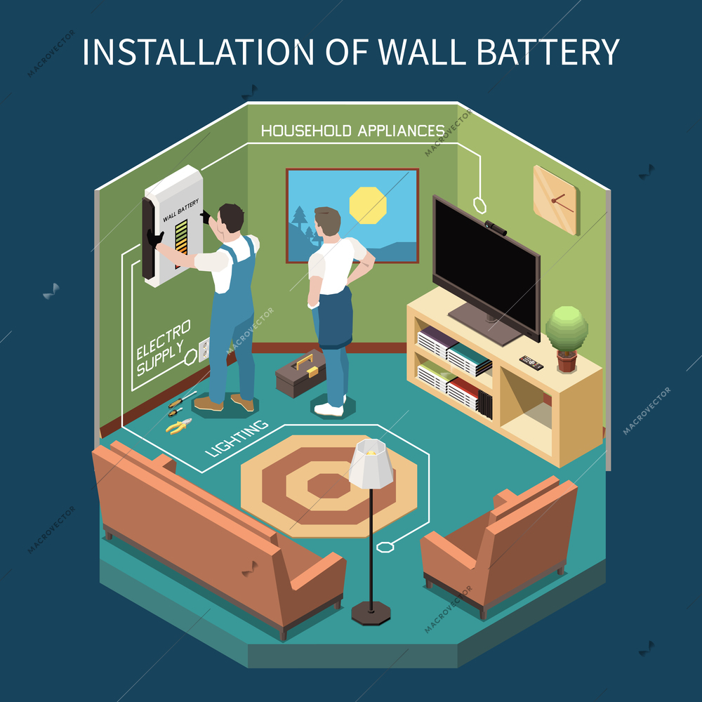 Electricity isometric composition with indoor view of room with two workers installing power supply to wall vector illustration