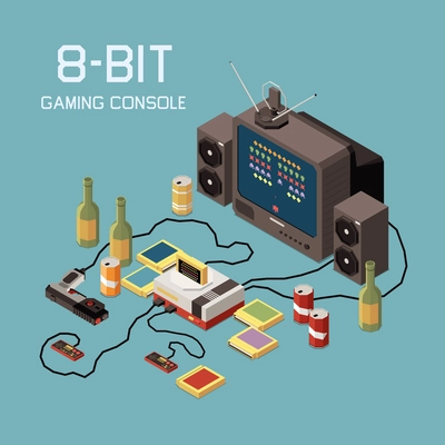 Gaming gamers isometric composition with images of tv set vintage console device and bottles of beverage vector illustration