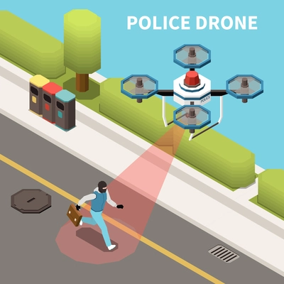 Drones quadrocopters isometric composition with outdoor view of police drone in pursuit of the criminal character vector illustration