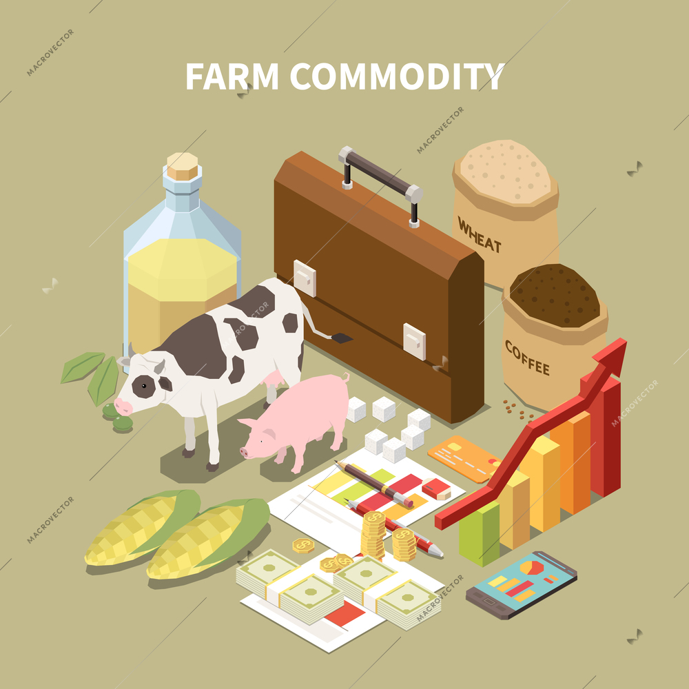 Commodity isometric composition with conceptual images of farming related items animals and infographic elements with text vector illustration