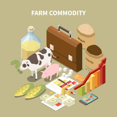 Commodity isometric composition with conceptual images of farming related items animals and infographic elements with text vector illustration