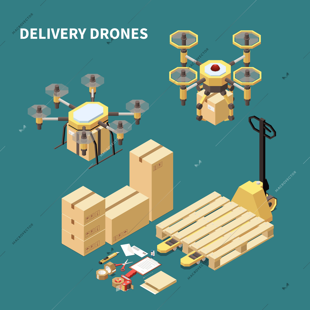 Drones quadrocopters isometric composition with images of remotely piloted aircrafts and parcel boxes with packaging closures vector illustration