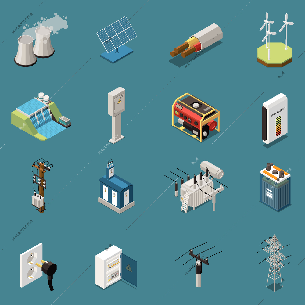 Set of sixteen isolated electricity isometric icons with images of various domestic and industrial electrical infrastructure elements vector illustration