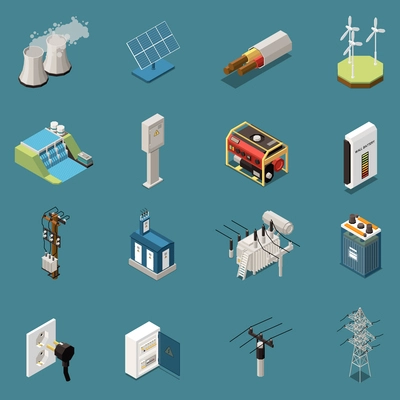 Set of sixteen isolated electricity isometric icons with images of various domestic and industrial electrical infrastructure elements vector illustration