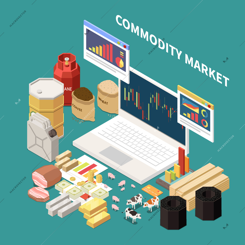 Commodity isometric composition with images of laptop with graphs and various objects related to different industries vector illustration