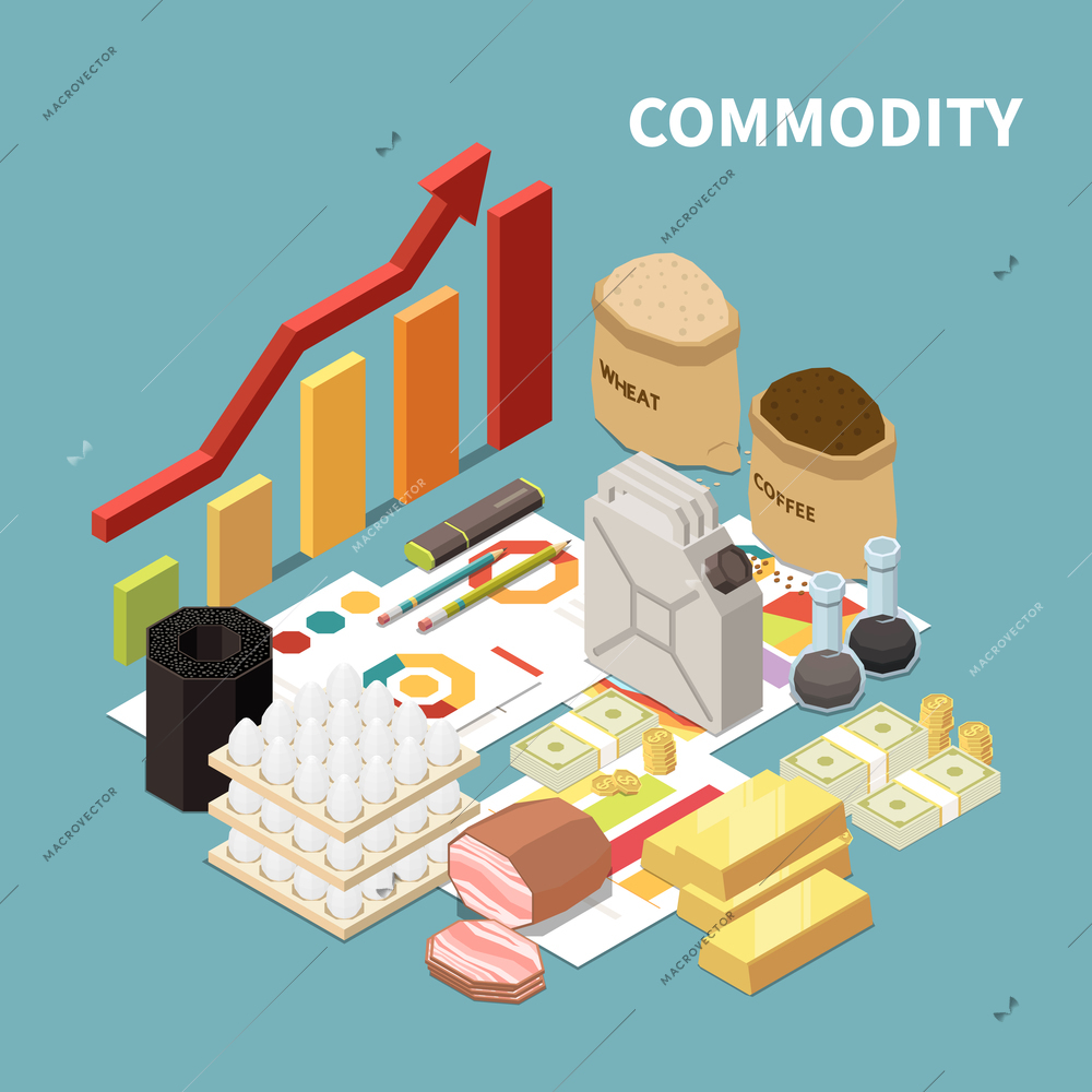 Commodity isometric composition with images of manufactured goods and infographic objects graphs and arrows with text vector illustration
