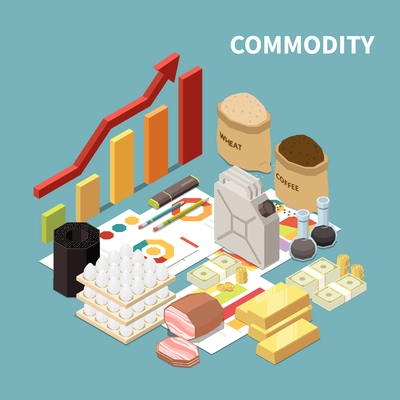 Commodity isometric composition with images of manufactured goods and infographic objects graphs and arrows with text vector illustration