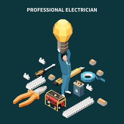 Electricity isometric composition with conceptual images of electric equipment professional tools and male character holding lamp vector illustration