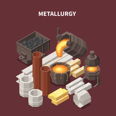 Commodity isometric composition with images of fire pots tubes waggons and various metallurgical production industrial goods vector illustration