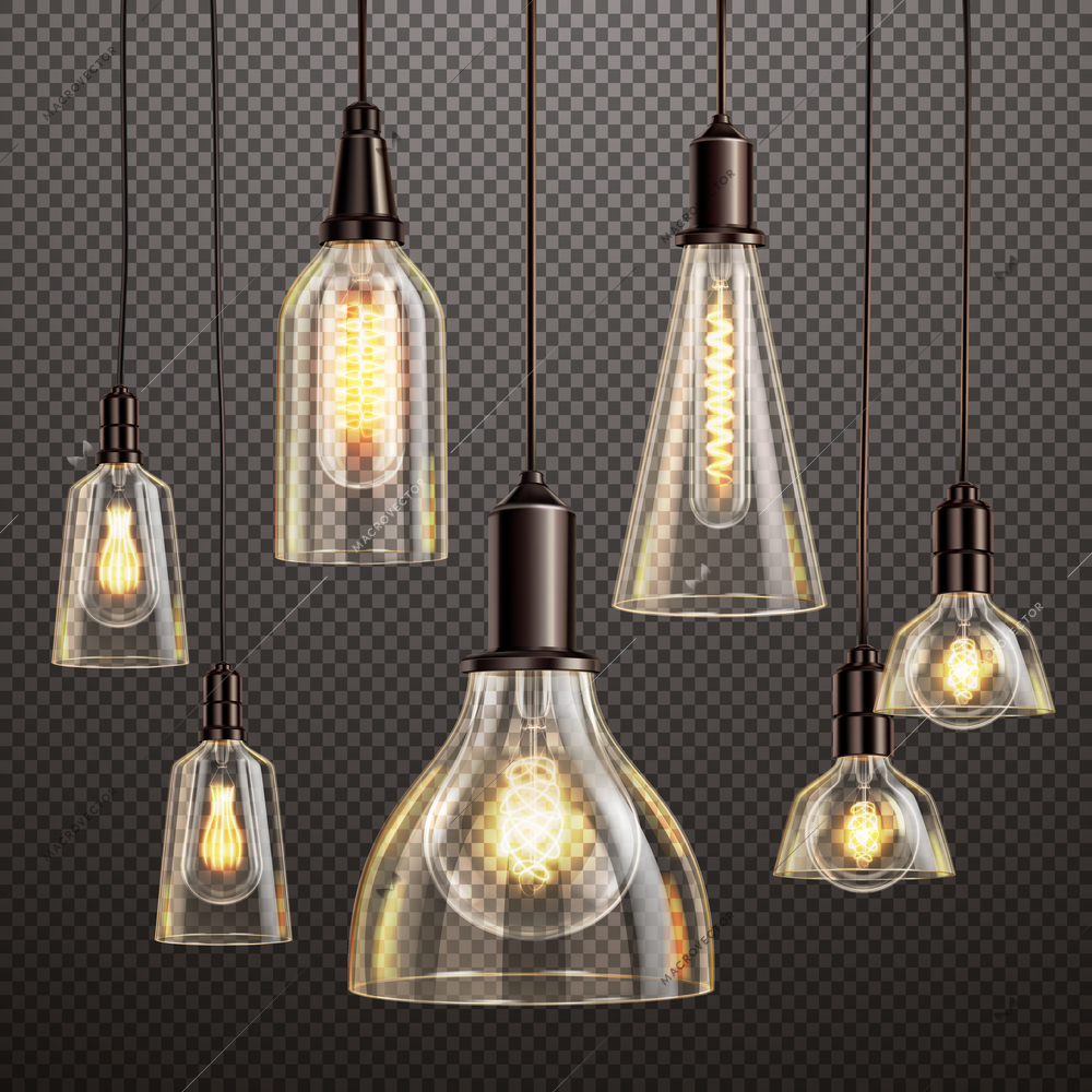 Hanging deco glass lamps with glowing filament antique led light bulbs realistic dark transparent set vector illustration