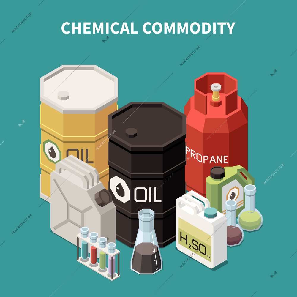 Commodity isometric composition with colourful images of oil and gas tanks canisters vials and glass tubes vector illustration