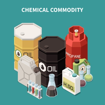 Commodity isometric composition with colourful images of oil and gas tanks canisters vials and glass tubes vector illustration