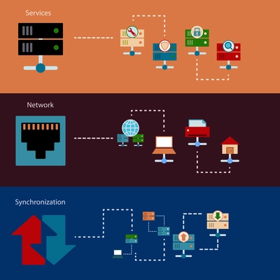 Set of hosting server web data network banners with connection website icons vector illustration