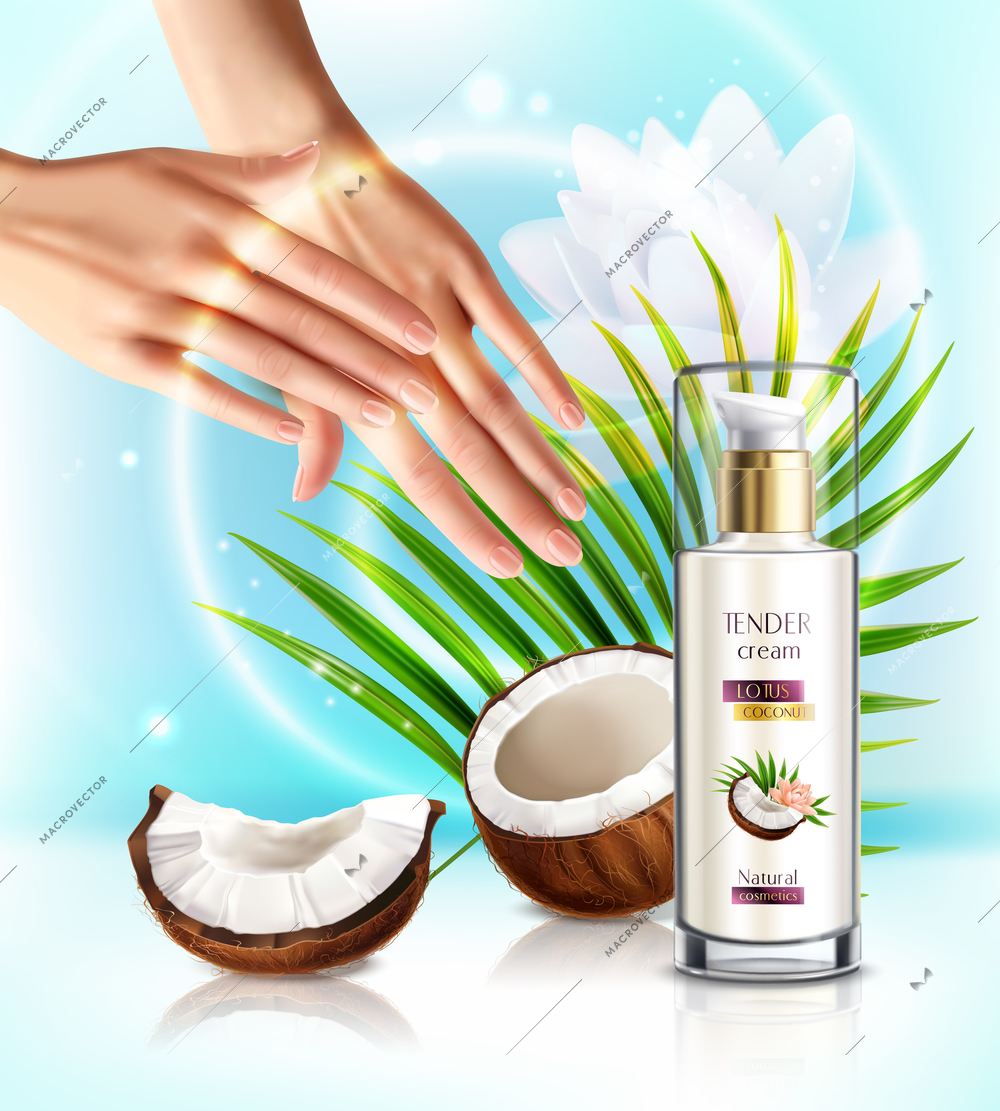 Natural coconut cosmetics skincare pump dispenser products realistic advertising composition with woman applying hand cream vector illustration