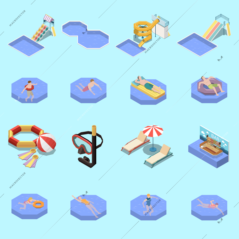 Water park aquapark isometric set with sixteen isolated images of swimming people waterslides and sun loungers vector illustration