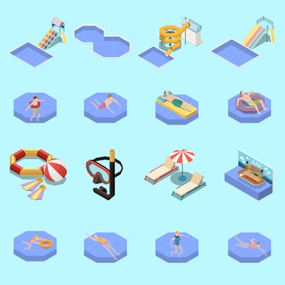 Water park aquapark isometric set with sixteen isolated images of swimming people waterslides and sun loungers vector illustration
