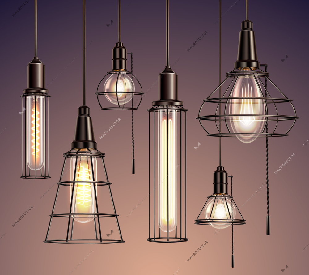 Loft edison vintage metal wire cage hanging  soft glowing light bulbs various shapes realistic set vector illustration