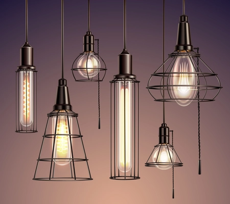 Loft edison vintage metal wire cage hanging  soft glowing light bulbs various shapes realistic set vector illustration