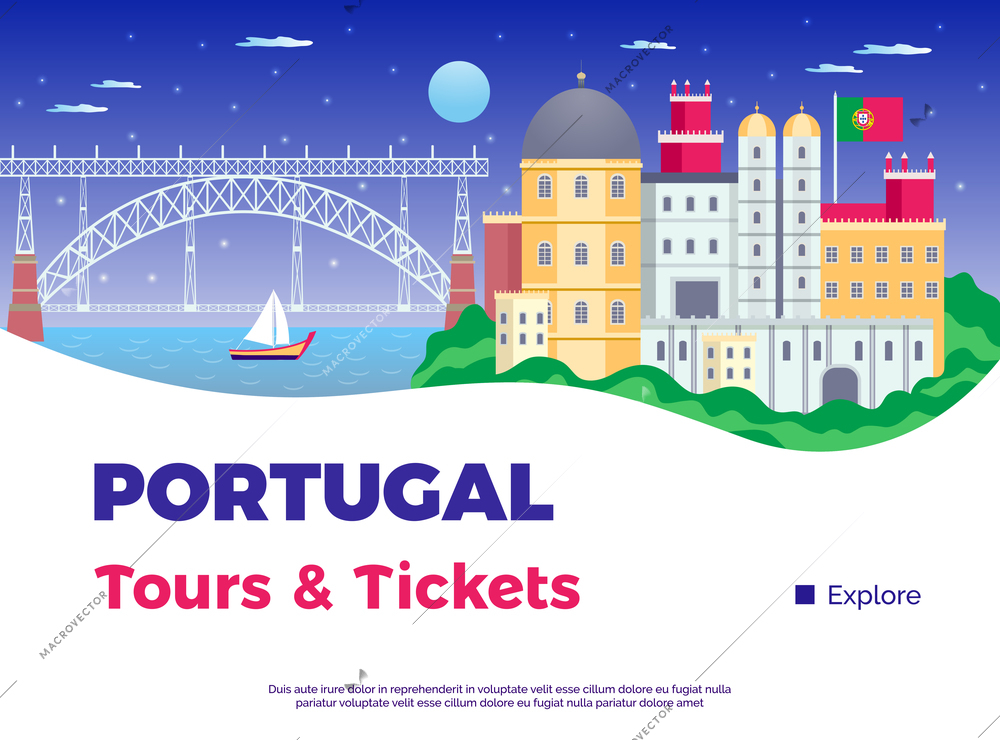 Explore Portugal poster with tours and tickets symbols flat vector illustration