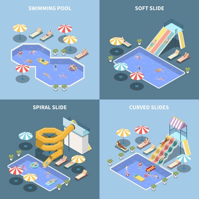 Water park aquapark isometric 2x2 design concept with images of water attractions and aqua park areas vector illustration
