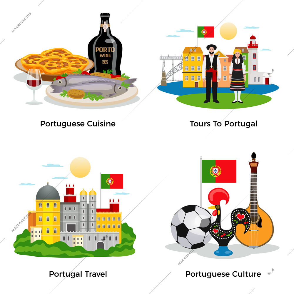 Portugal tourism concept icons set with cuisine and culture symbols flat isolated vector illustration