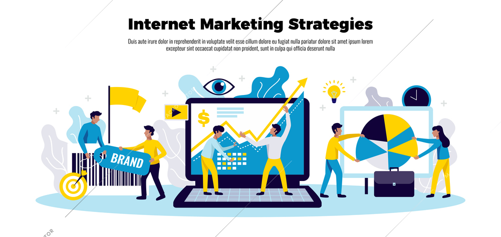 Internet marketing strategy poster with business growth  symbols flat  vector illustration