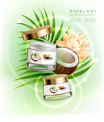 Hands and face luxurious nourishing creams with hydrating coconut oil realistic composition with palm leaf vector illustration