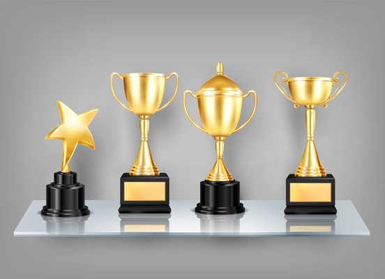 Trophy awards realistic images on shelf composition of golden cups with black pedestals on glass shelf vector illustration