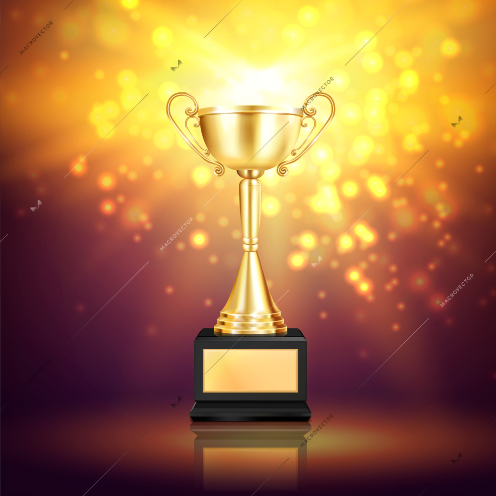 Shiny trophy award realistic composition with glittering particles and image of winner golden cup on pedestal vector illustration