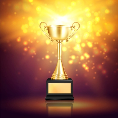 Shiny trophy award realistic composition with glittering particles and image of winner golden cup on pedestal vector illustration