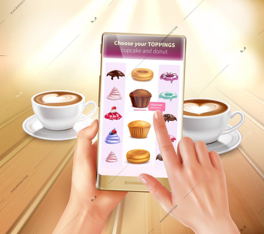 Smartphone virtual and augmented reality cooking application recognizing products suggesting recipes choosing toppings realistic composition vector illustration