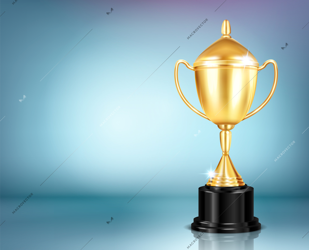 Trophy award composition with realistic image of glittering golden cup for winner on cold blurred background vector illustration