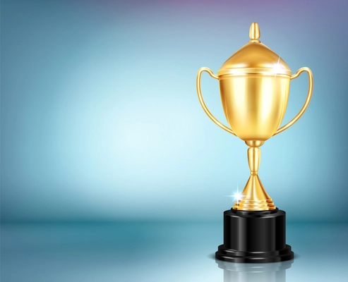 Trophy award composition with realistic image of glittering golden cup for winner on cold blurred background vector illustration