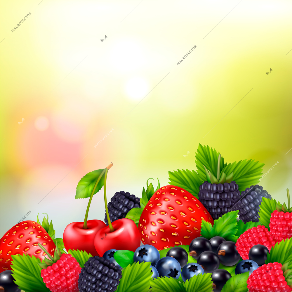 Berry fruit realistic blurred background with pile of berries and ripe leaves with bright lens flares vector illustration