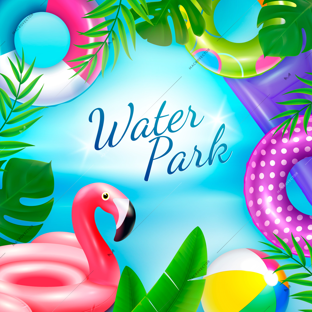 Inflatable rubber toys swimming rings background with ornate text surrounded by tropical leaves and inner rings vector illustration