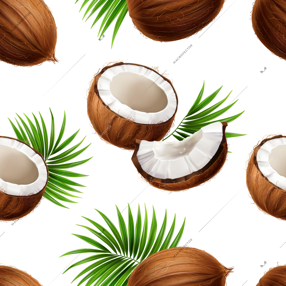 Whole and cut coconuts with palm frond leaves strewn on white background realistic seamless pattern vector illustration