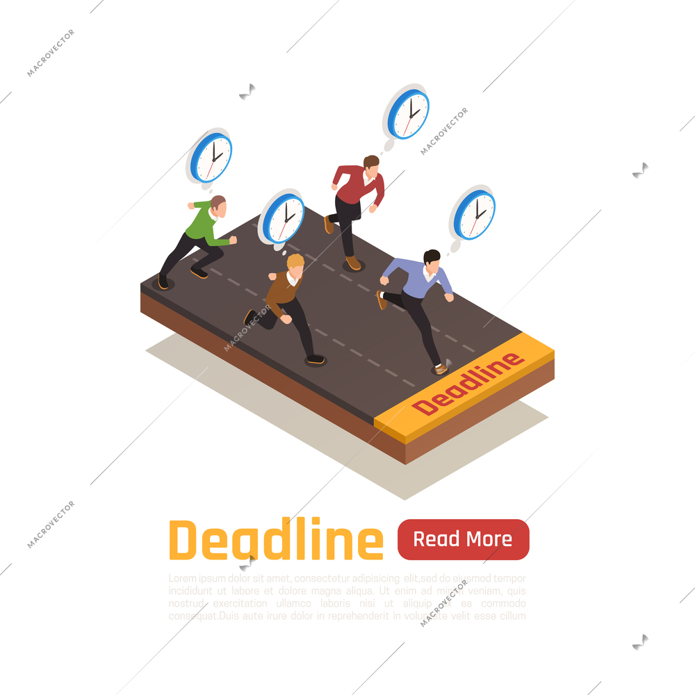 Deadline isometric design concept with business people running to office for performance of urgent work vector illustration