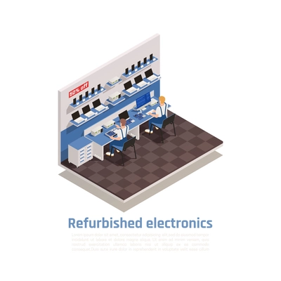 Refurbished electronics isometric composition with two male character repairing computers and smartphones in warranty center vector illustration