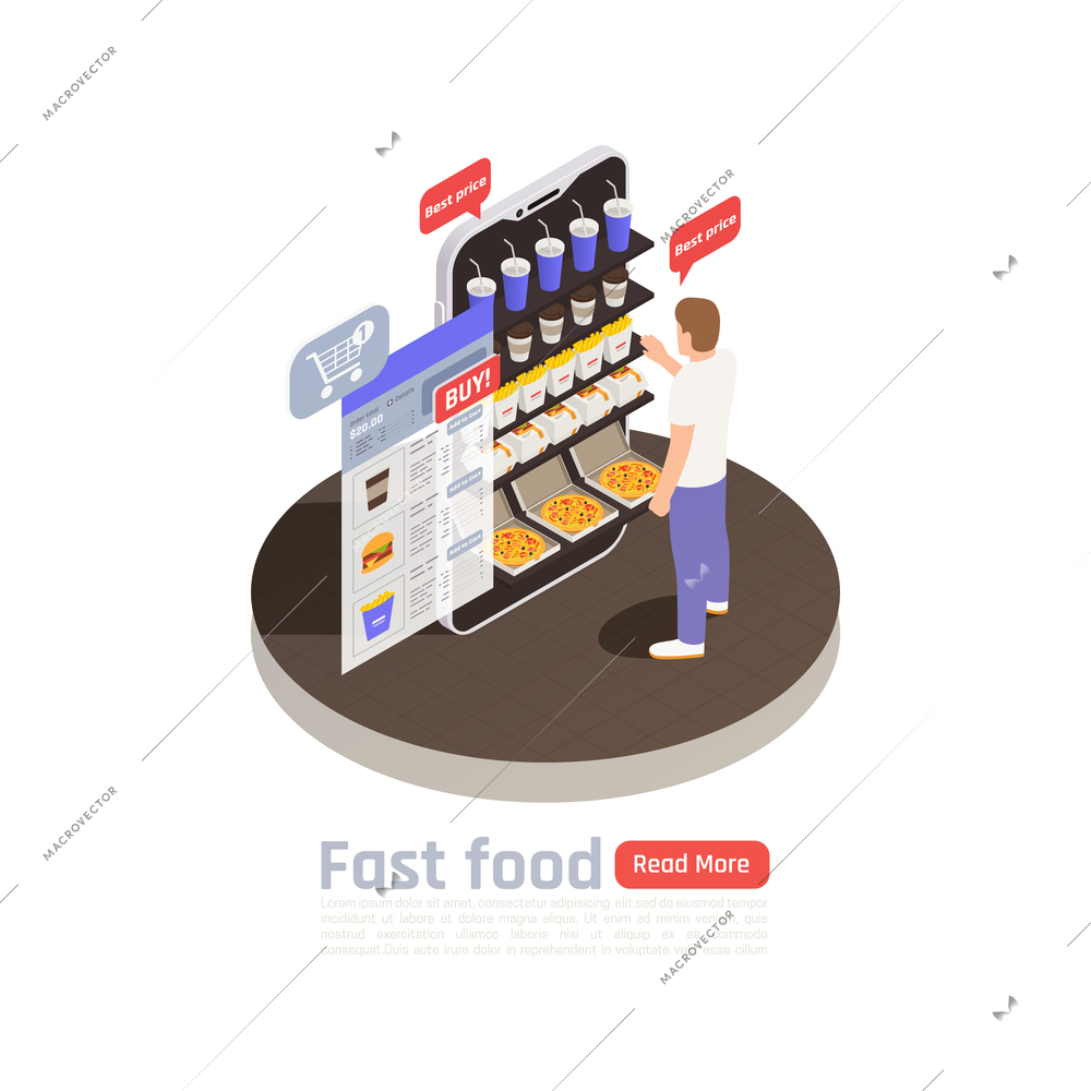 Fast food isometric composition with man standing near food counter and choosing products with best prices vector illustration