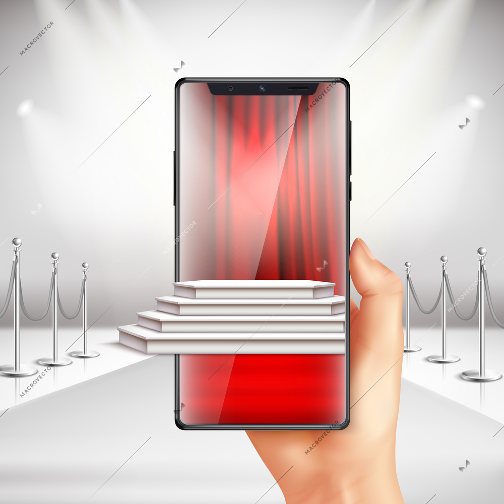 Full screen smartphone displays red carpet award ceremony preparation with augmented reality app realistic composition vector illustration