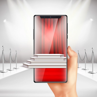 Full screen smartphone displays red carpet award ceremony preparation with augmented reality app realistic composition vector illustration