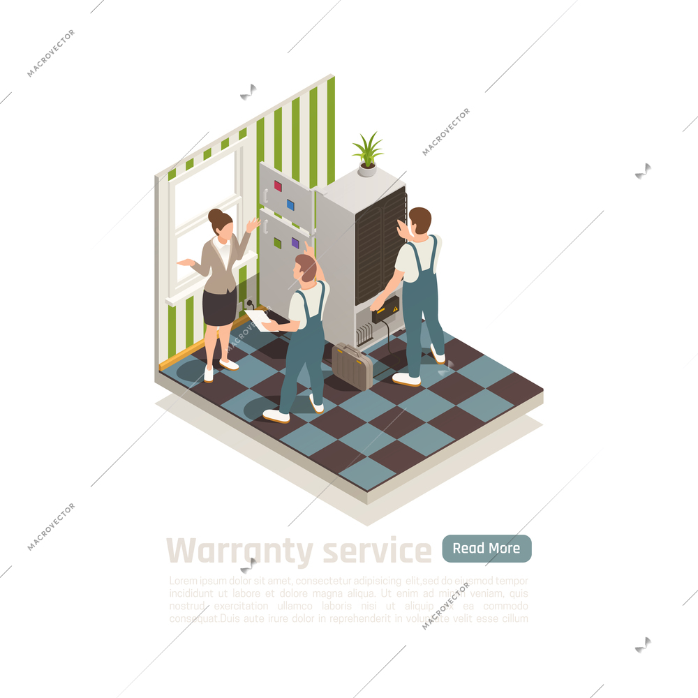 Warranty service isometric composition with technical staff called to house to diagnose of non working household appliance vector illustration