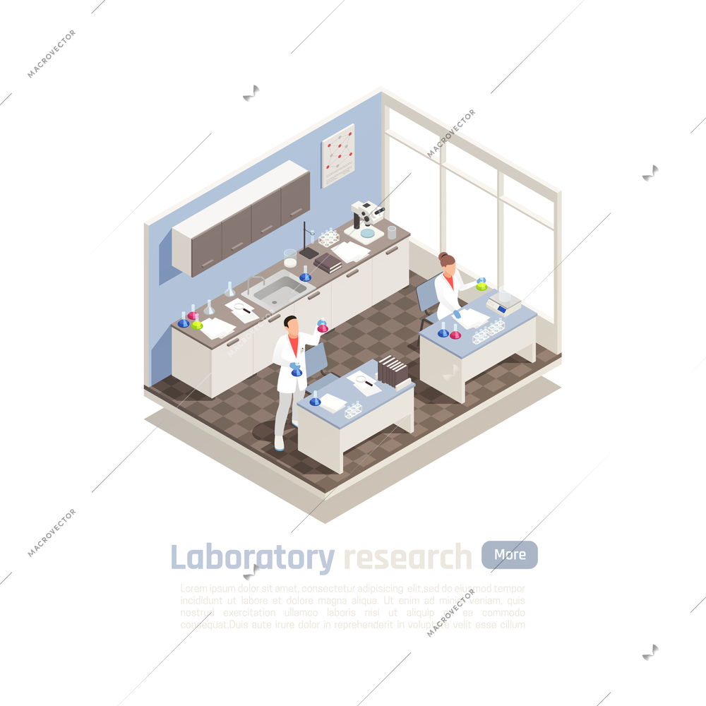 Laboratory research isometric composition with scientists inventing and testing cosmetology products vector illustration