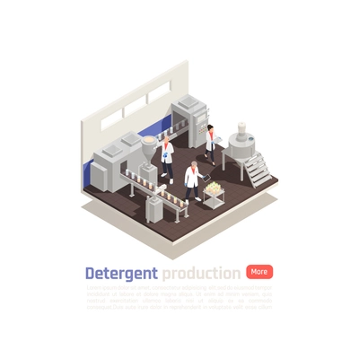 Detergent production isometric composition with modern equipment bottling line and assistants testing finished product vector illustration