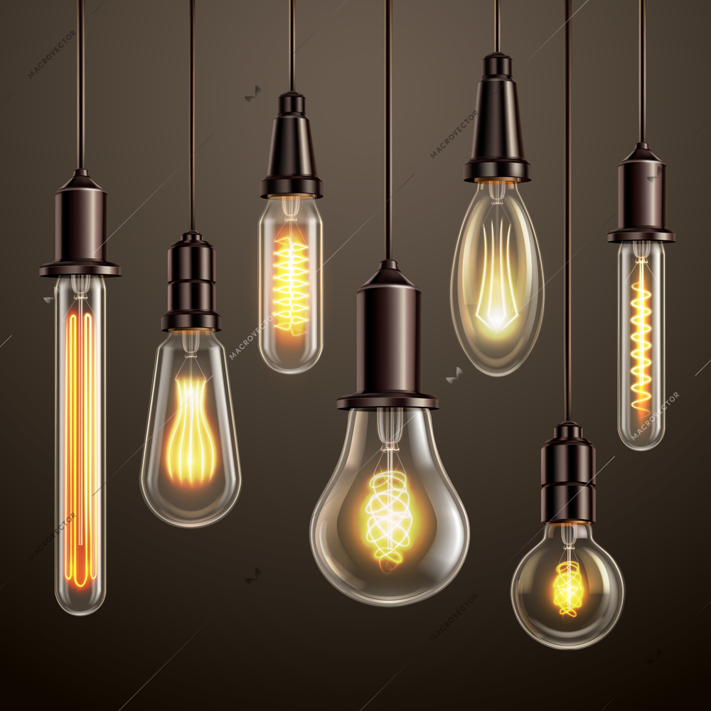 Trendy lighting design with retro style vintage looking soft glowing filament edison ligt bulbs variety vector illustration