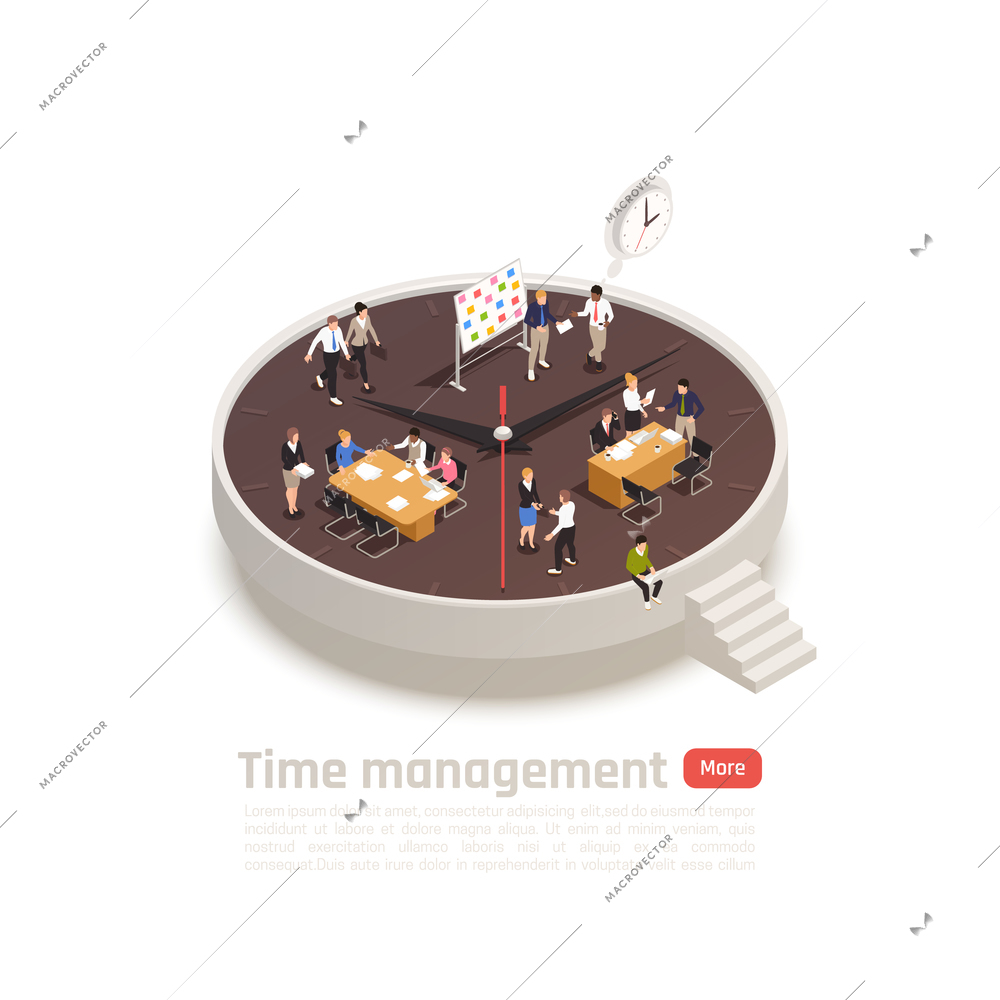 Time management isometric round concept for web design with employees in office interior working together vector illustration