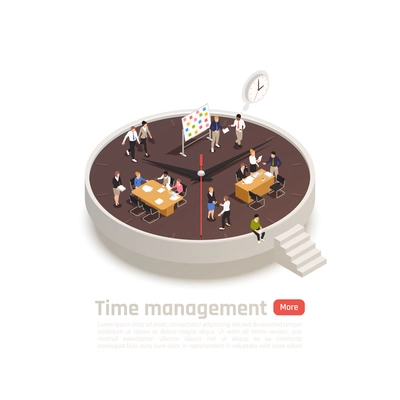 Time management isometric round concept for web design with employees in office interior working together vector illustration