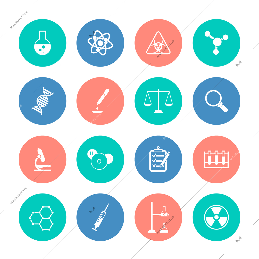 Scientific research chemistry equipment pictograms collection color circles graphic design icons set isolated vector illustration