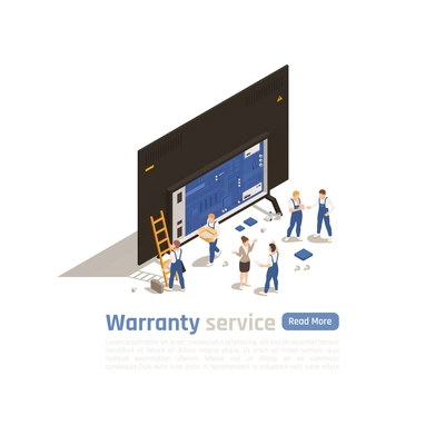 Warranty service isometric landing page with big icon of gadget stripped for parts and small figurines of technical specialists vector illustration